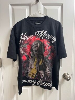 REASON Black Graphic 'Have Mercy' Tee with Red Accent - M